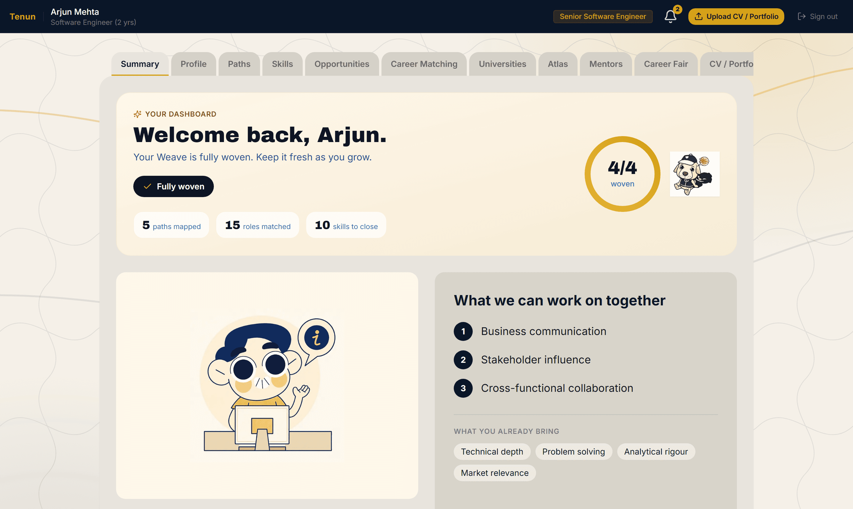 The Tenun dashboard welcoming a Weaver back