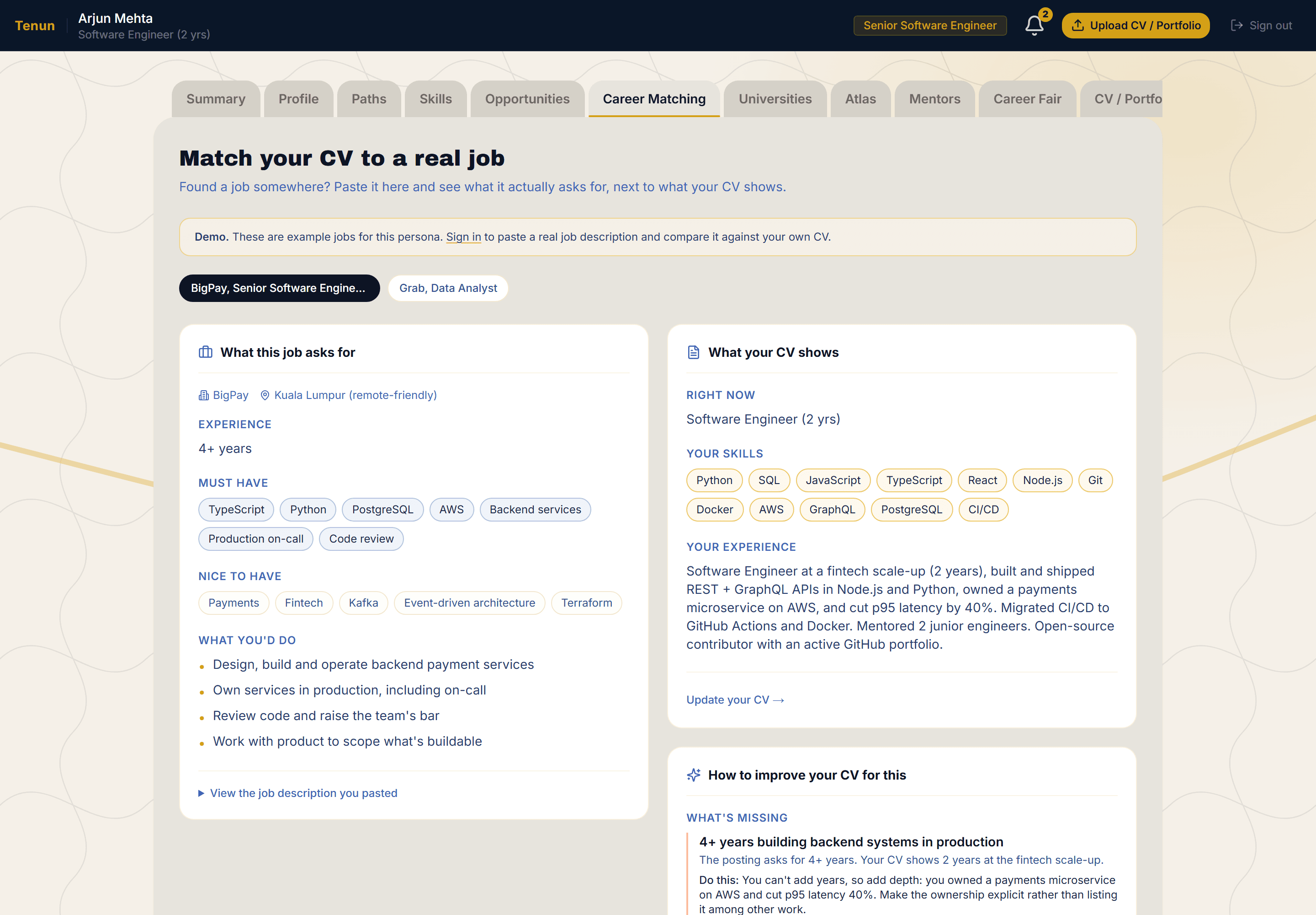 Tenun comparing a CV against a real job description